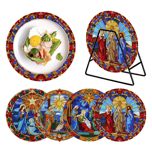 4 PCS Wooden Diamond Painted Placemats Round Placemat with Holder (Jesus Faith)