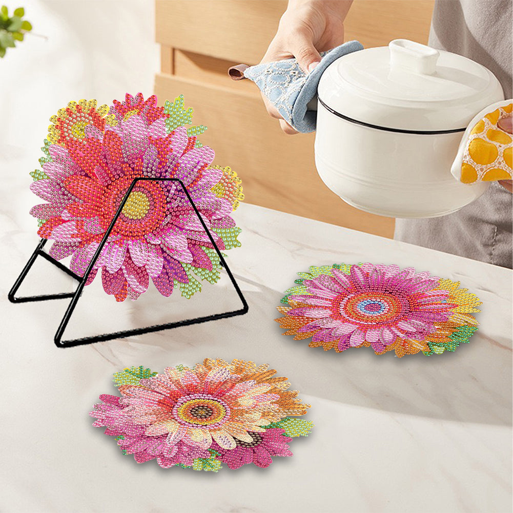 4 PCS Wooden Diamond Painted Placemats Round Placemat with Holder (Flower)