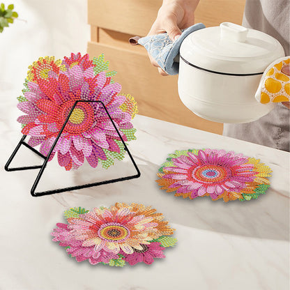 4 PCS Wooden Diamond Painted Placemats Round Placemat with Holder (Flower)