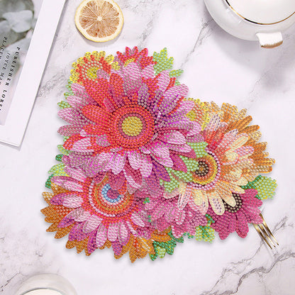 4 PCS Wooden Diamond Painted Placemats Round Placemat with Holder (Flower)