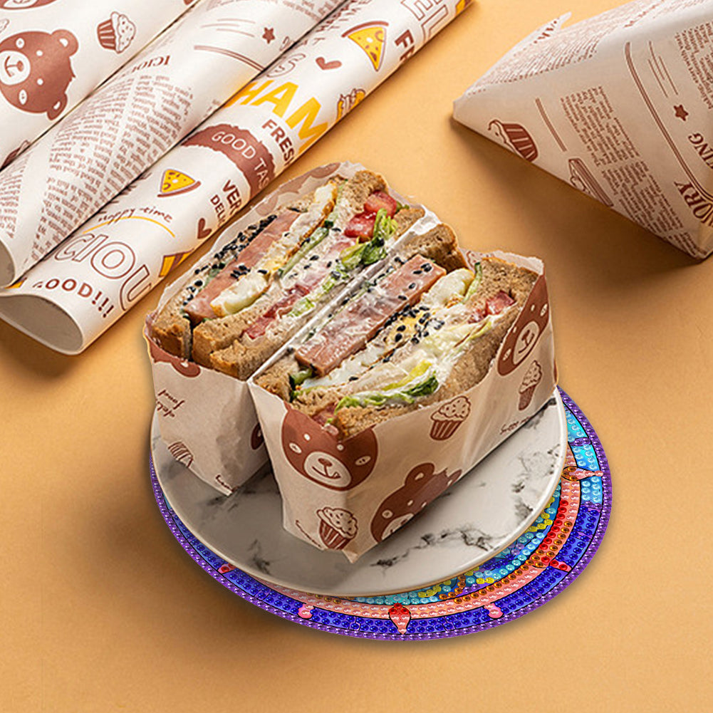 4 PCS Wooden Diamond Painted Placemats Round Placemat with Holder (Mandala)