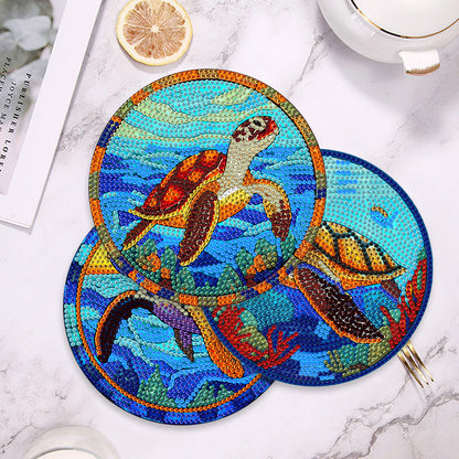 4 PCS Wooden Diamond Painted Placemats Round Placemat with Holder (Sea Turtle)