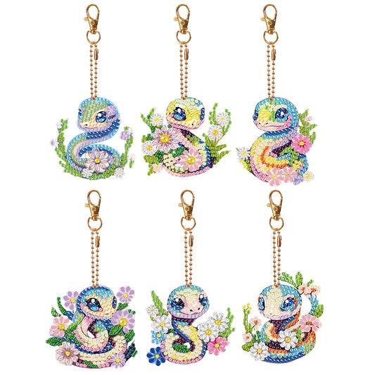 6 PCS Flower Snake Double Sided Diamond Painting Keychain for Beginners Adults