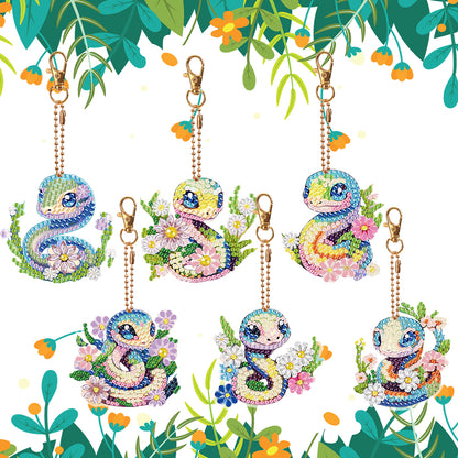 6 PCS Flower Snake Double Sided Diamond Painting Keychain for Beginners Adults