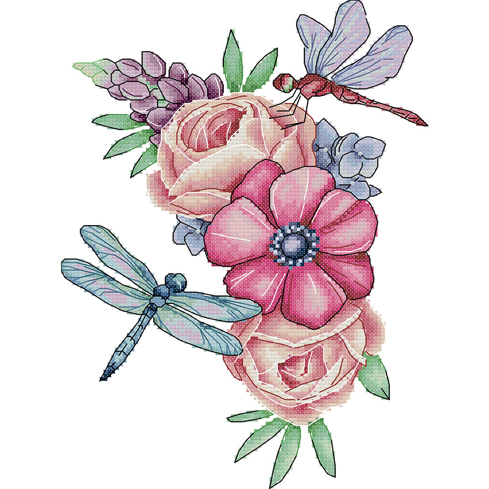 Dragonfly And Flowers - 14CT Stamped Cross Stitch 22*31CM(Joy Sunday)