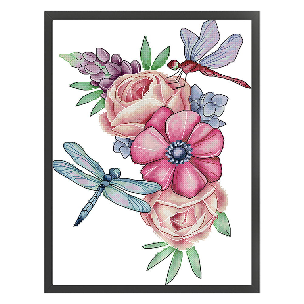 Dragonfly And Flowers - 14CT Stamped Cross Stitch 22*31CM(Joy Sunday)