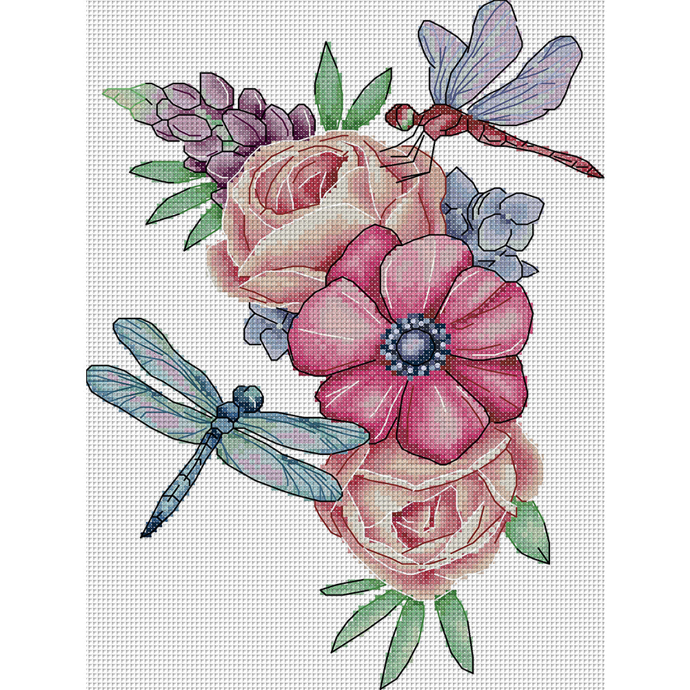 Dragonfly And Flowers - 14CT Stamped Cross Stitch 22*31CM(Joy Sunday)