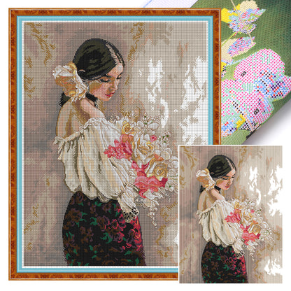 Girl Holding Flowers - 14CT Stamped Cross Stitch 44*57CM(Joy Sunday)