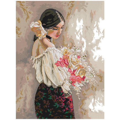 Girl Holding Flowers - 14CT Stamped Cross Stitch 44*57CM(Joy Sunday)