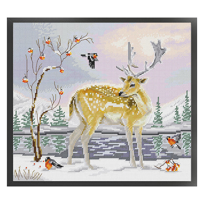 Deer And Bird - 14CT Stamped Cross Stitch 35*30CM(Joy Sunday)