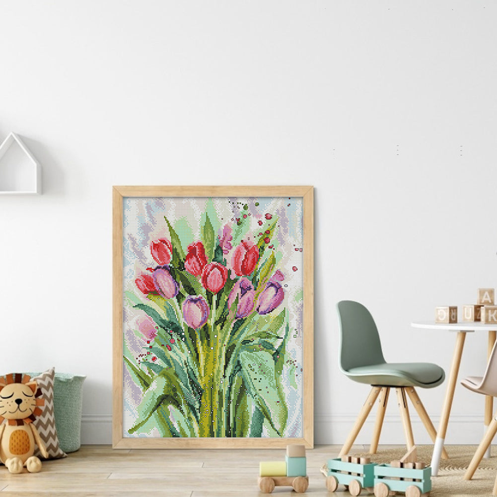 Watercolor Tulips - 14CT Stamped Cross Stitch 34*44CM(Joy Sunday)