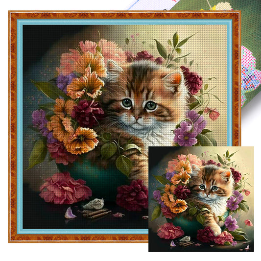 Flowers And Cat - 11CT Stamped Cross Stitch 40*40CM