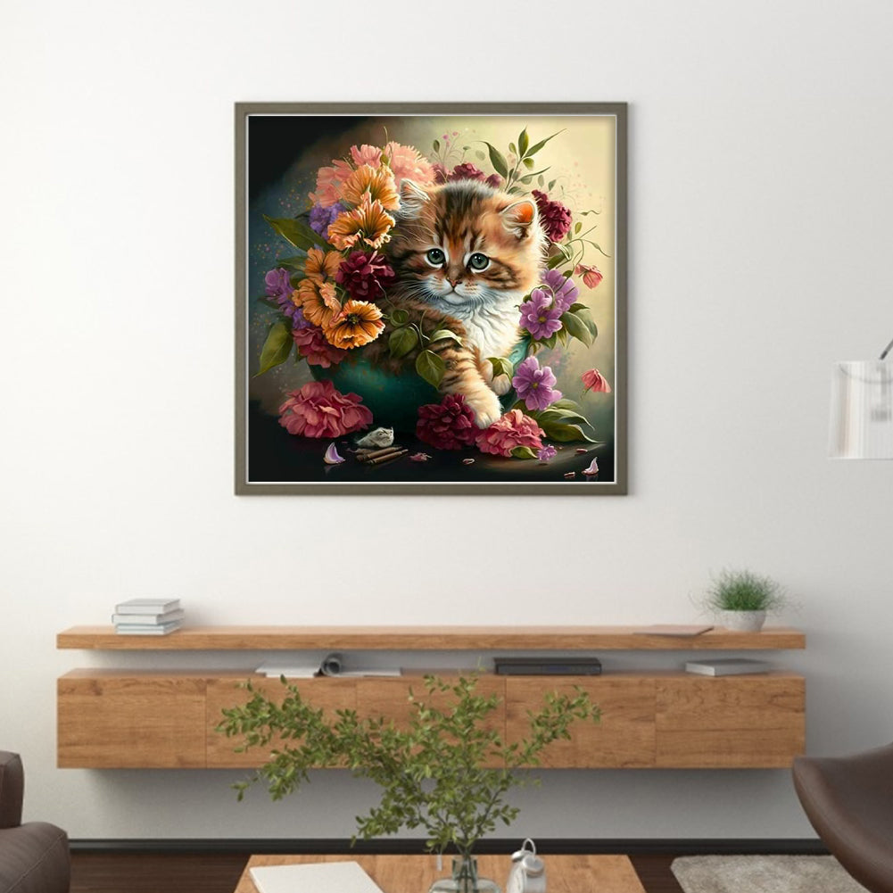 Flowers And Cat - 11CT Stamped Cross Stitch 40*40CM