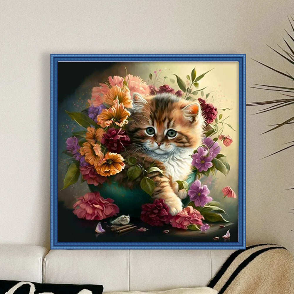 Flowers And Cat - 11CT Stamped Cross Stitch 40*40CM