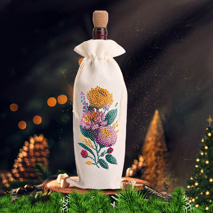 Diamond Painting Burlap Wine Gift Bags Label Liquor Bottle Covers (Flower)