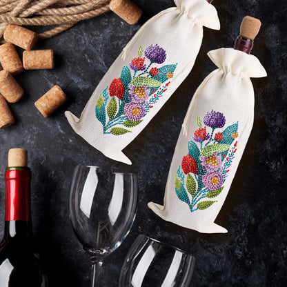 Diamond Painting Burlap Wine Gift Bags Label Liquor Bottle Covers (Flower)