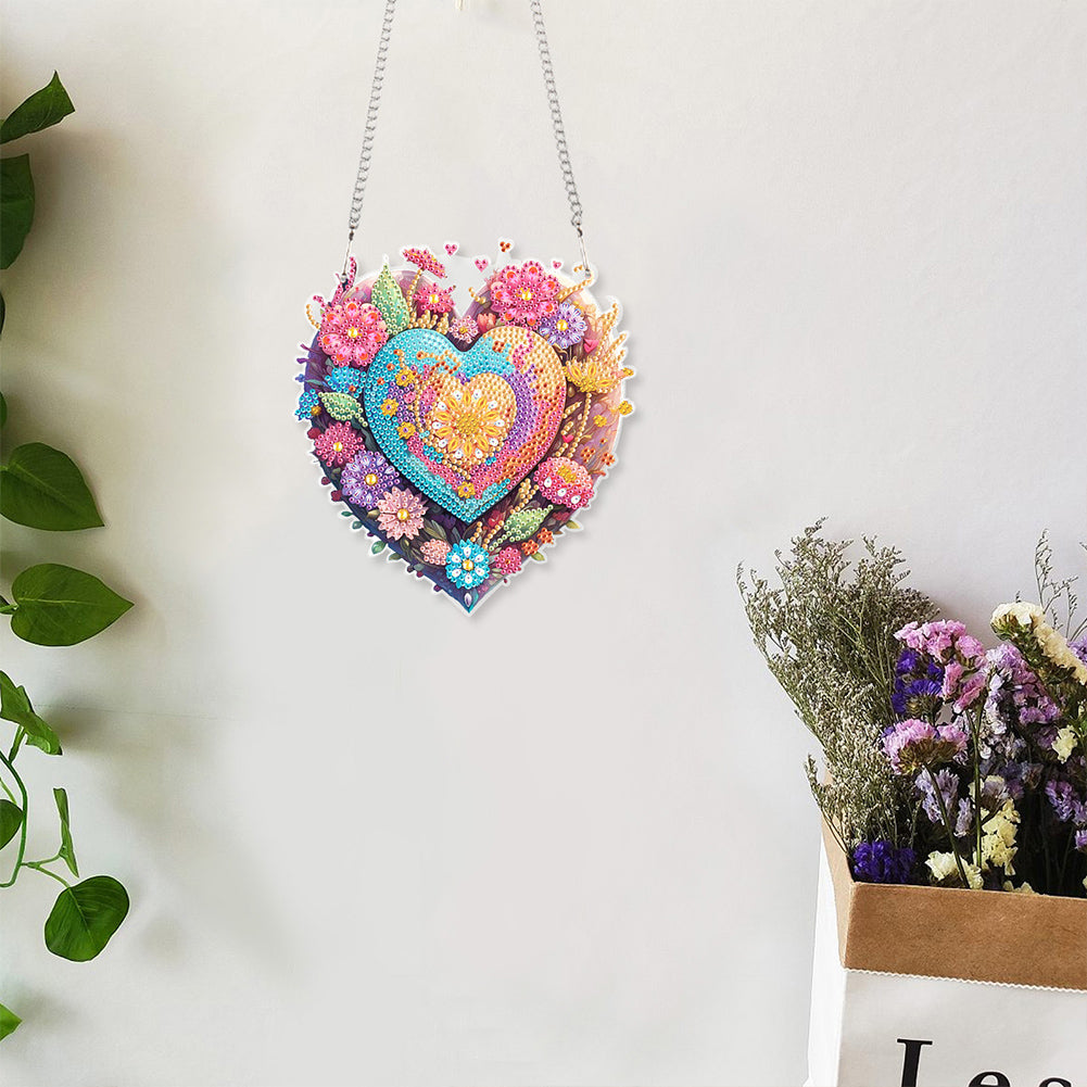 Acrylic Single-Sided 5D DIY Diamond Painting Hanging Pendant (Heart and Flowers)