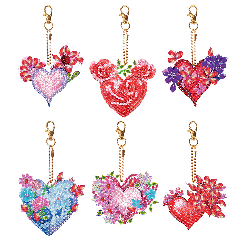 6 PCS Double Sided Special Shape Diamond Painting Art Keychain Pendant (Heart)