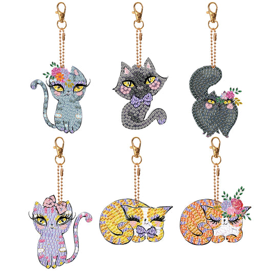 6 PCS Double Sided Special Shape Diamond Painting Art Keychain Pendant (Cat)