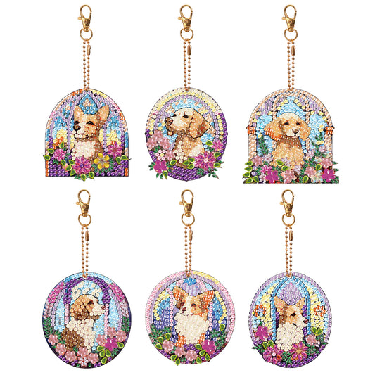 6 PCS Double Sided Special Shape Diamond Painting Art Keychain Pendant (Dog)