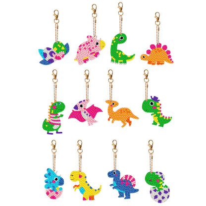 12PCS Cartoon Dinosaur Double Sided Diamond Painting Keychain for Beginner Adult