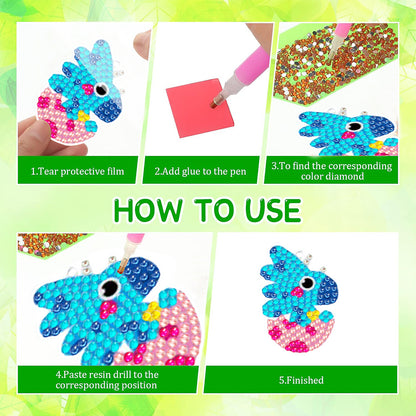 12PCS Cartoon Dinosaur Double Sided Diamond Painting Keychain for Beginner Adult