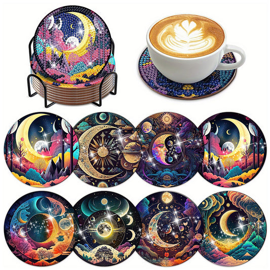 8 PCS Acrylic Diamond Painting Art Coaster Crafts Kit with Holder(Moonlit Scene)