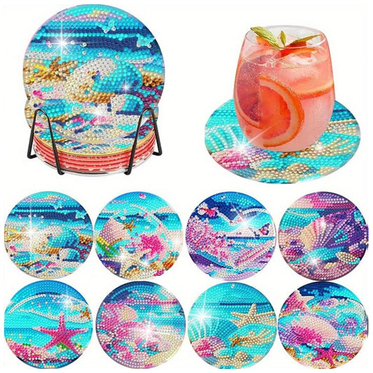 8 PCS Acrylic Diamond Painting Art Coaster Crafts Kit with Holder(Seafront View)