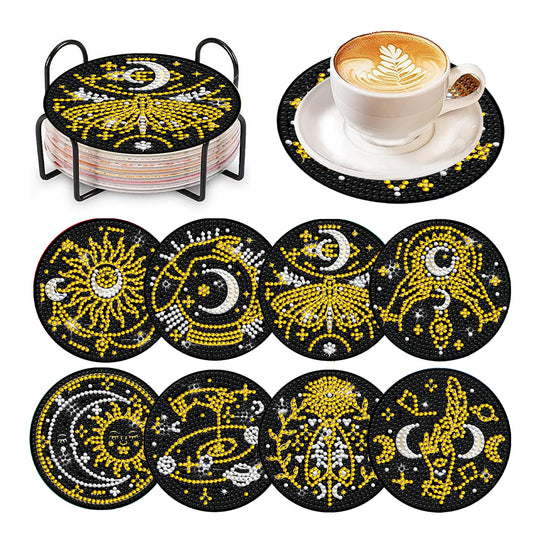 8 Pcs Acrylic Diamond Painting Art Coasters Kit with Holder (Sun Moon Magic)