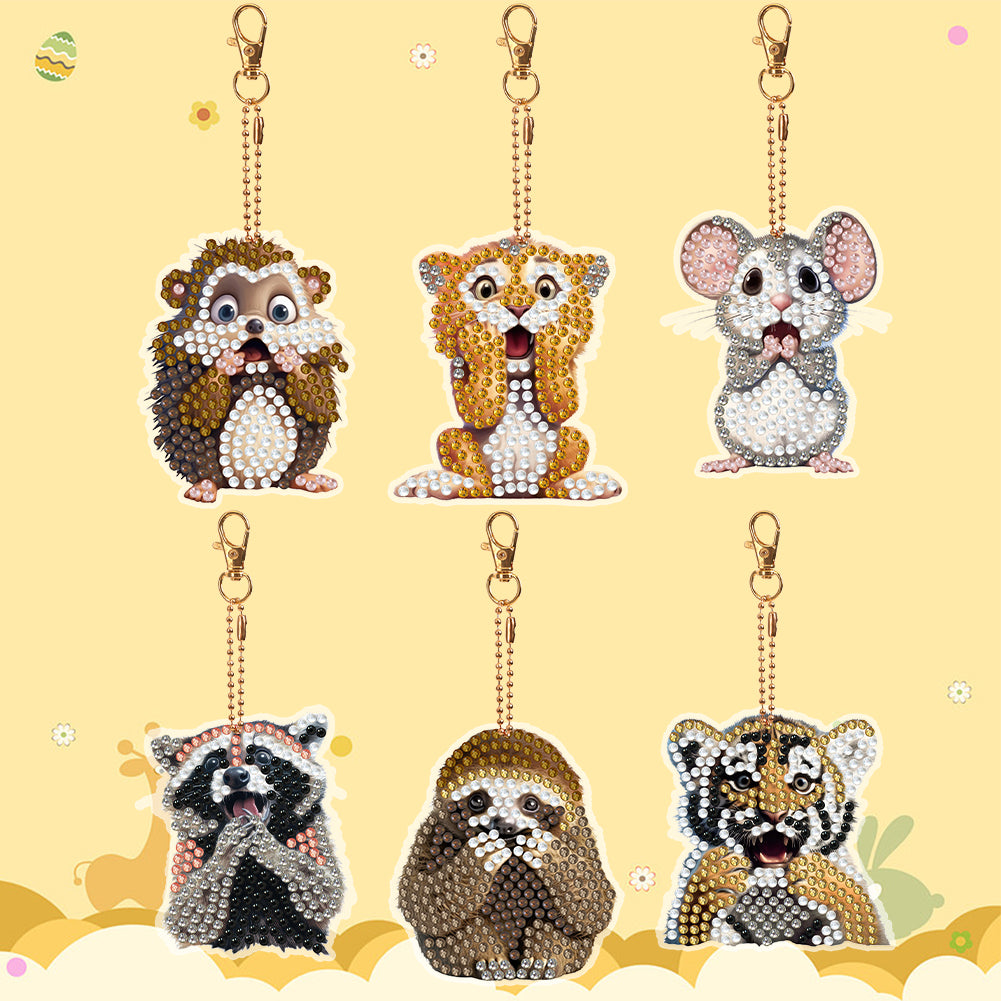 6 PCS Double Sided Special Shape Diamond Painting Keychain (Panicked Animals)