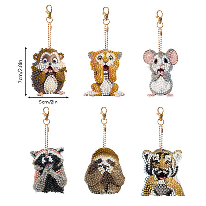 6 PCS Double Sided Special Shape Diamond Painting Keychain (Panicked Animals)