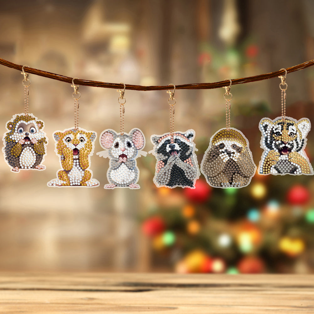 6 PCS Double Sided Special Shape Diamond Painting Keychain (Panicked Animals)