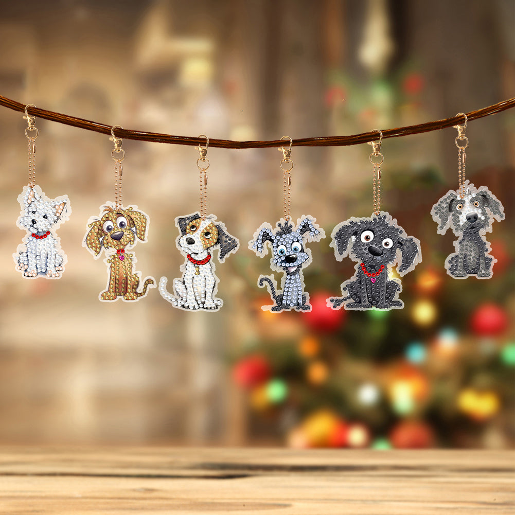 6 PCS Double Sided Special Shape Diamond Painting Keychain (Cute Puppy)