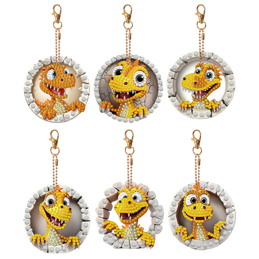 6 PCS Double Sided Special Shape Diamond Painting Keychain (Little Dinosaur)