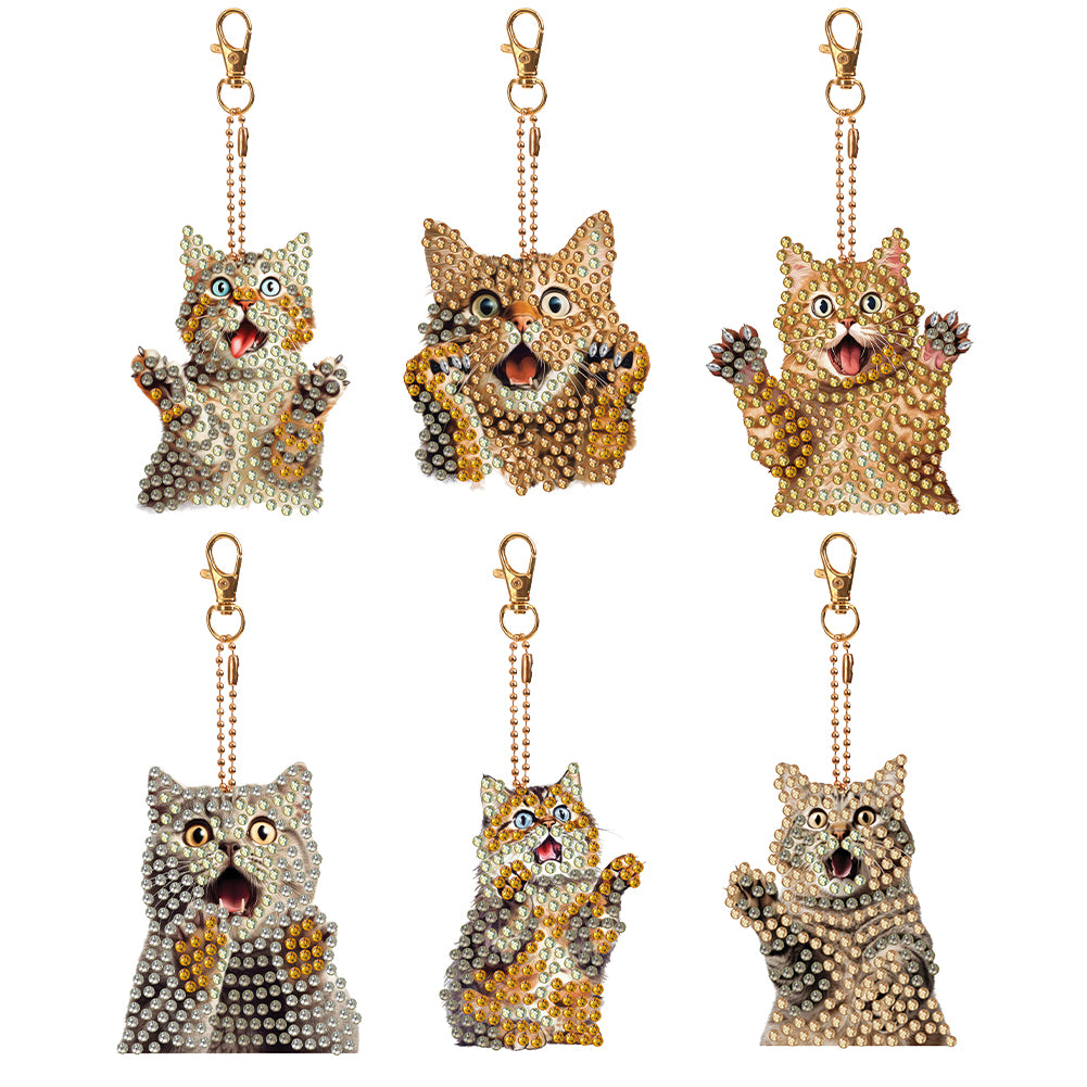 6 PCS Double Sided Special Shape Diamond Painting Keychain (Panicked Cat)