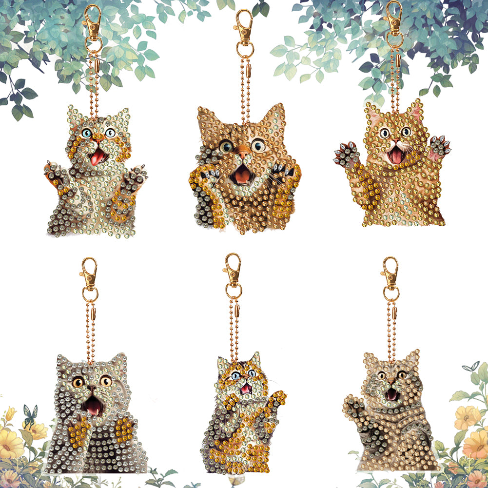 6 PCS Double Sided Special Shape Diamond Painting Keychain (Panicked Cat)