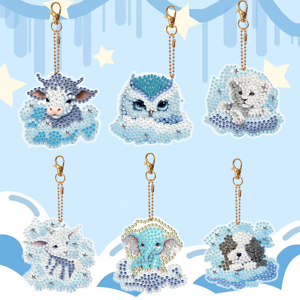 6 PCS Double Sided Special Shape Diamond Painting Keychain (Cloud Animals)