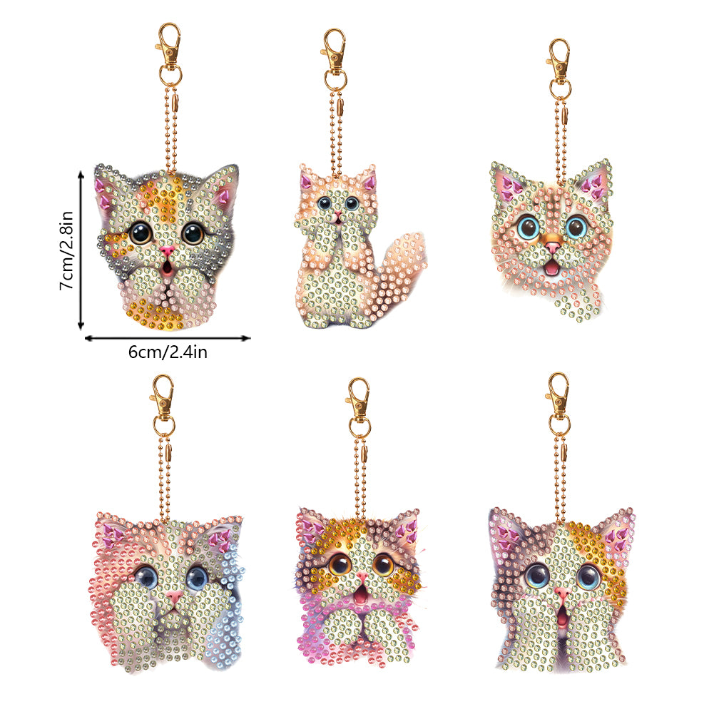 6 PCS Double Sided Special Shape Diamond Painting Keychain Pendant (Cute Cat)