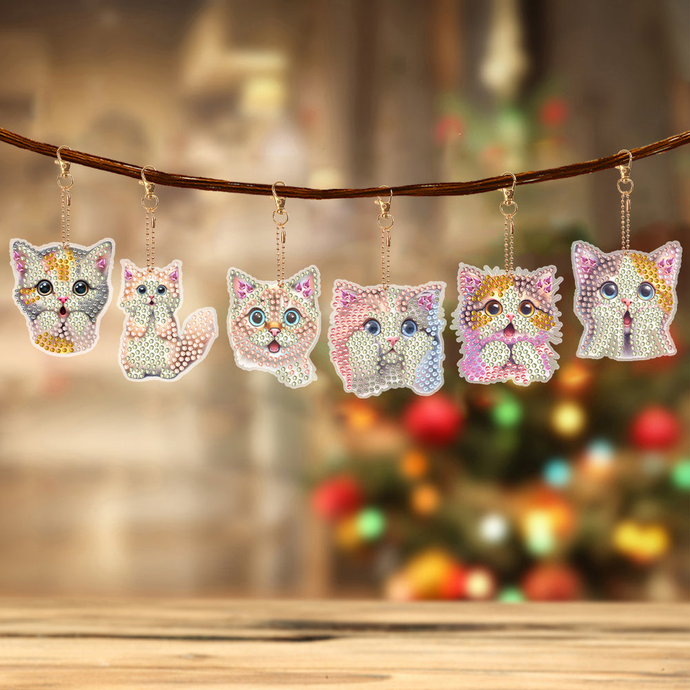 6 PCS Double Sided Special Shape Diamond Painting Keychain Pendant (Cute Cat)