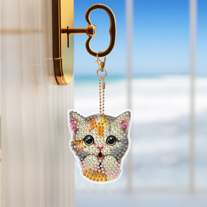 6 PCS Double Sided Special Shape Diamond Painting Keychain Pendant (Cute Cat)