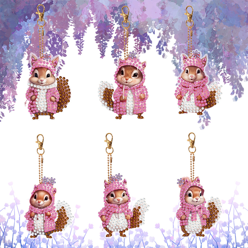 6 PCS Double Sided Special Shape Diamond Painting Keychain (Pink Squirrel)