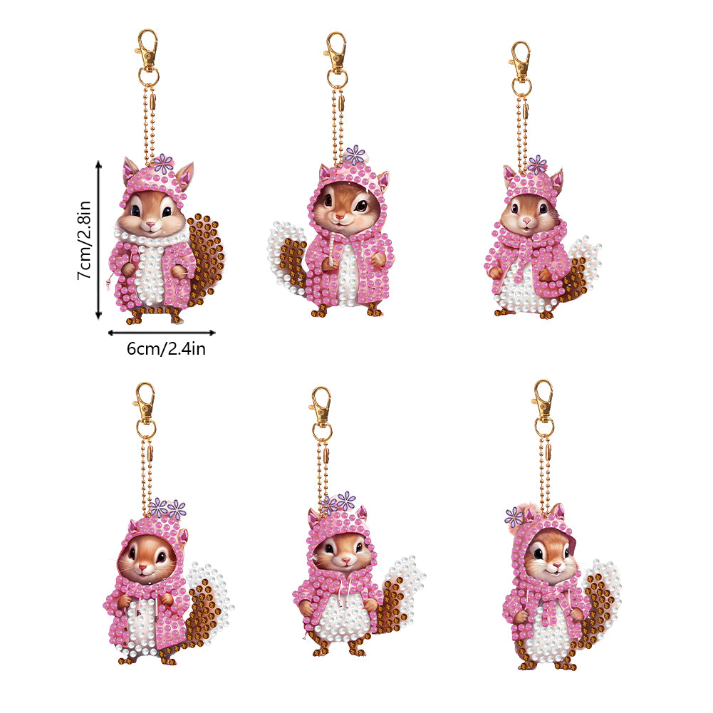 6 PCS Double Sided Special Shape Diamond Painting Keychain (Pink Squirrel)