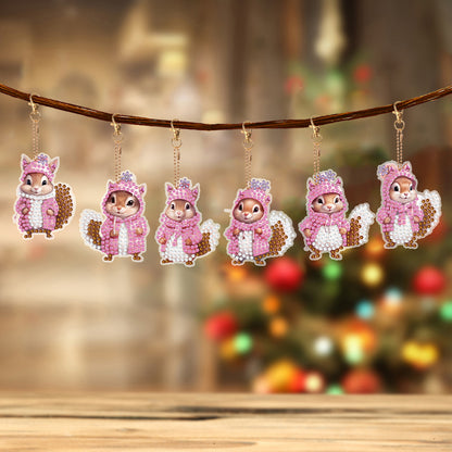 6 PCS Double Sided Special Shape Diamond Painting Keychain (Pink Squirrel)