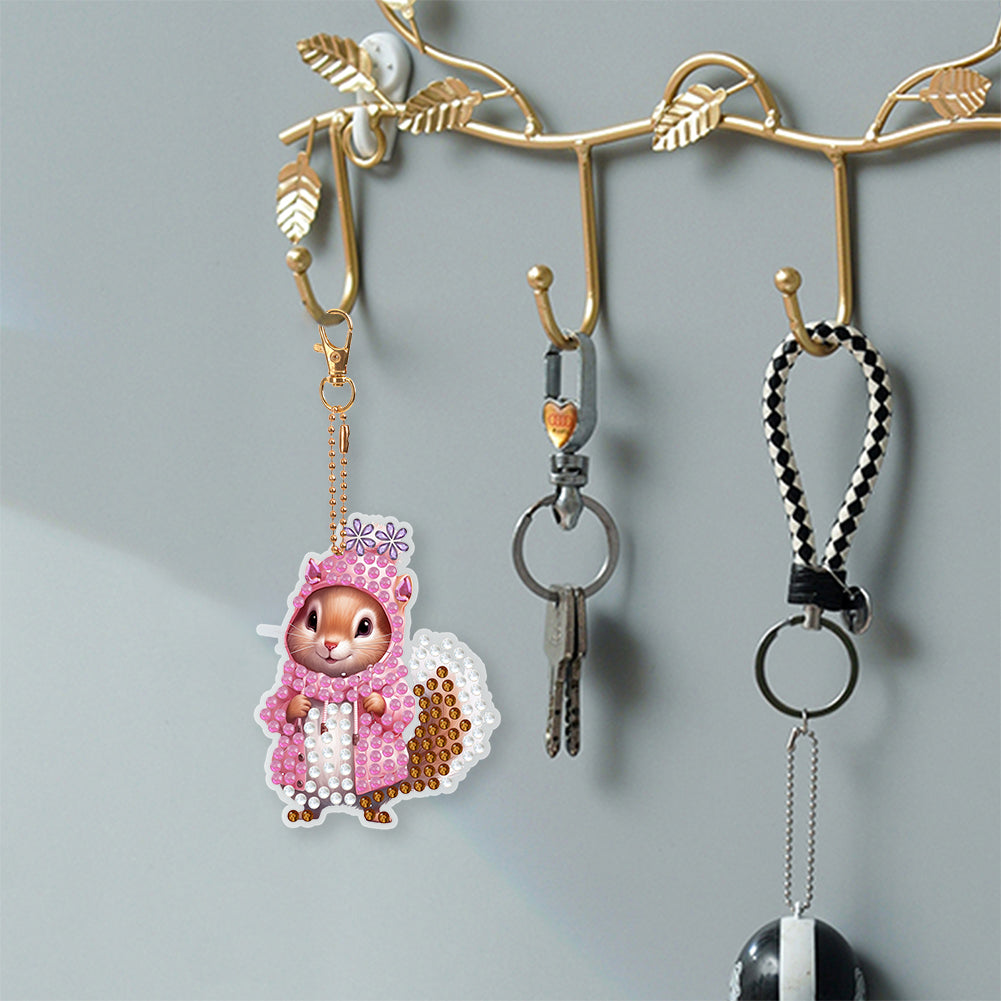 6 PCS Double Sided Special Shape Diamond Painting Keychain (Pink Squirrel)