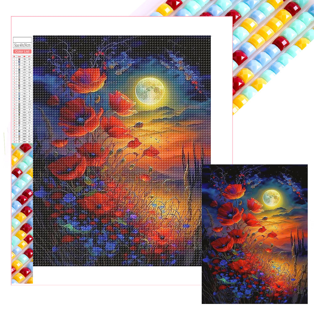 Red Flowers Under The Moon - Full Square Drill Diamond Painting 30*40CM