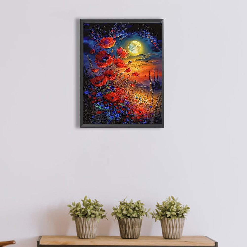 Red Flowers Under The Moon - Full Square Drill Diamond Painting 30*40CM