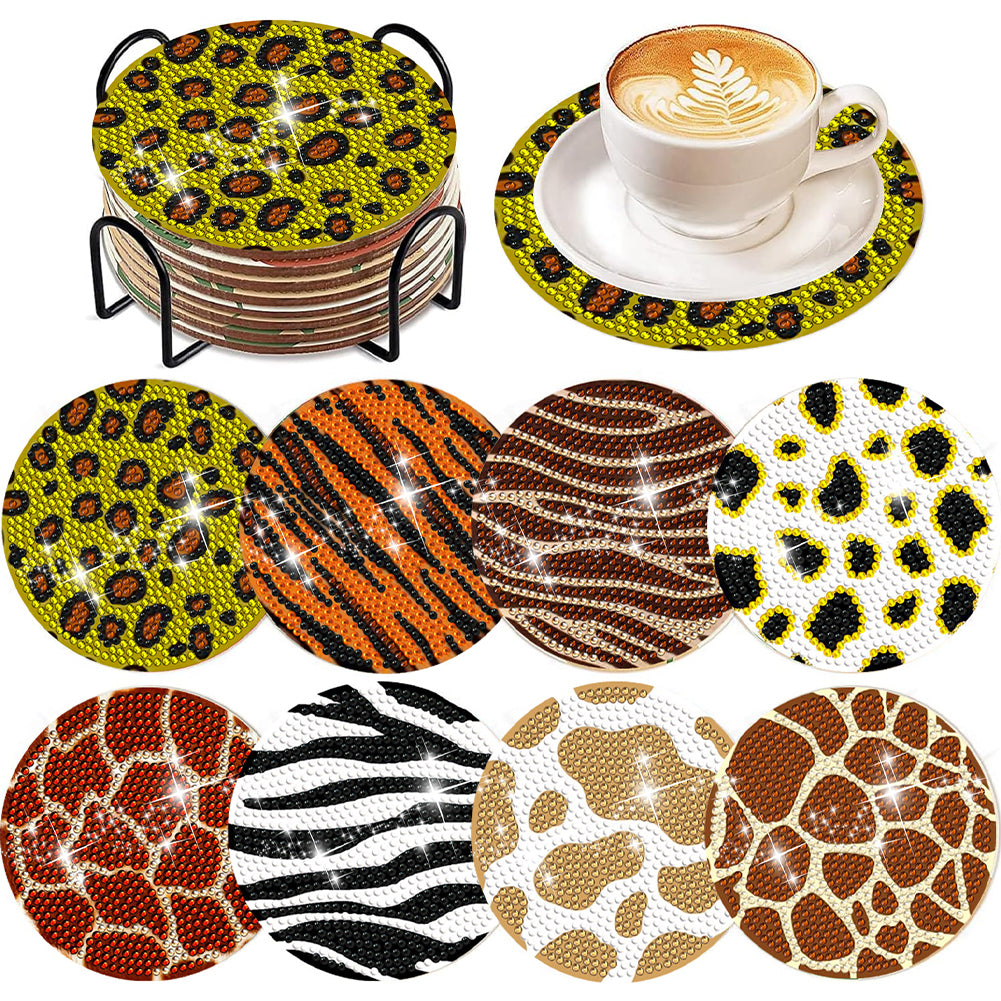 8 Pcs Wooden DIY Diamond Painting Art Coaster Kit with Holder (Animal Texture)