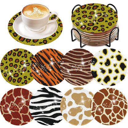 8 Pcs Wooden DIY Diamond Painting Art Coaster Kit with Holder (Animal Texture)