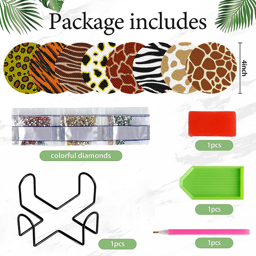 8 Pcs Wooden DIY Diamond Painting Art Coaster Kit with Holder (Animal Texture)