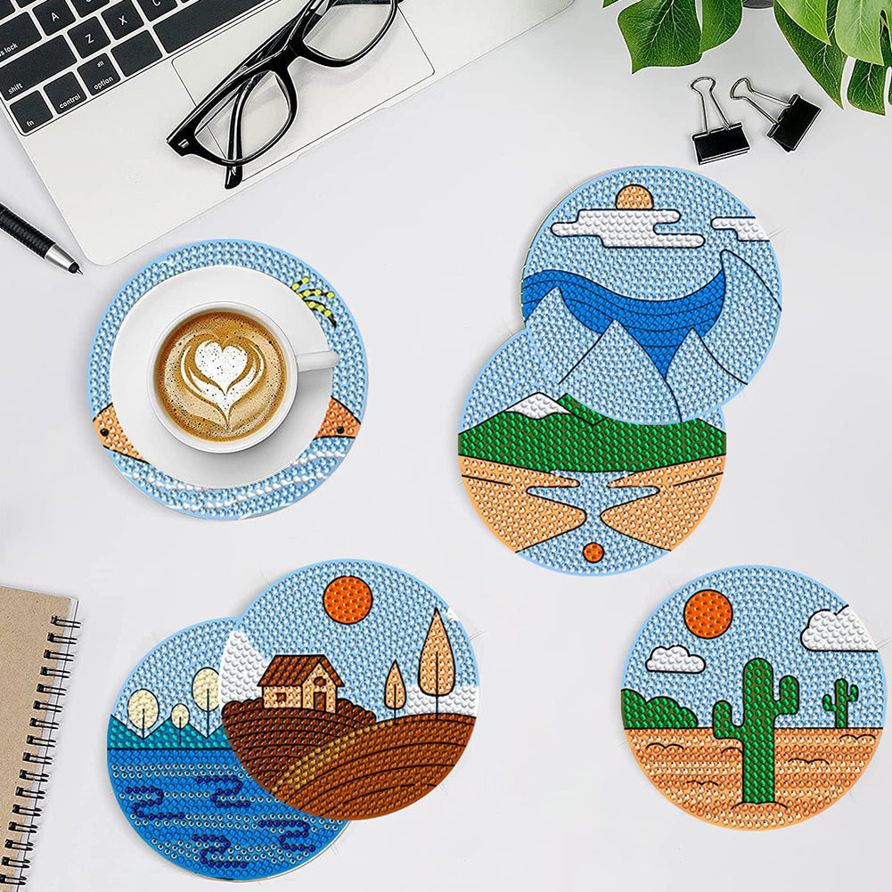 8 Pcs Wooden DIY Diamond Painting Art Coaster Kit with Holder (Sandy Coastline)